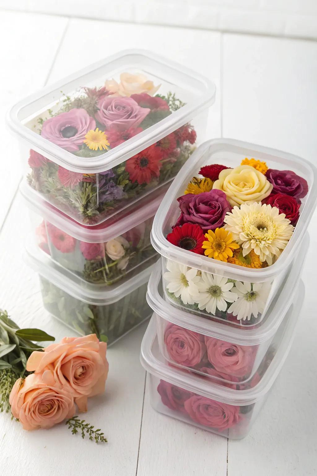 Airtight containers ensure long-lasting freshness for faux flowers.