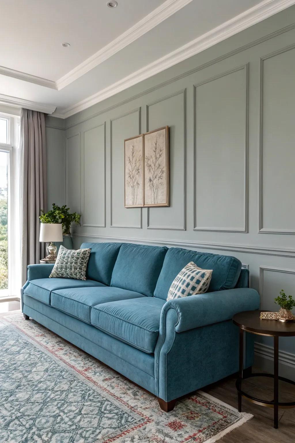 Wall colors can create a striking backdrop for a blue couch.