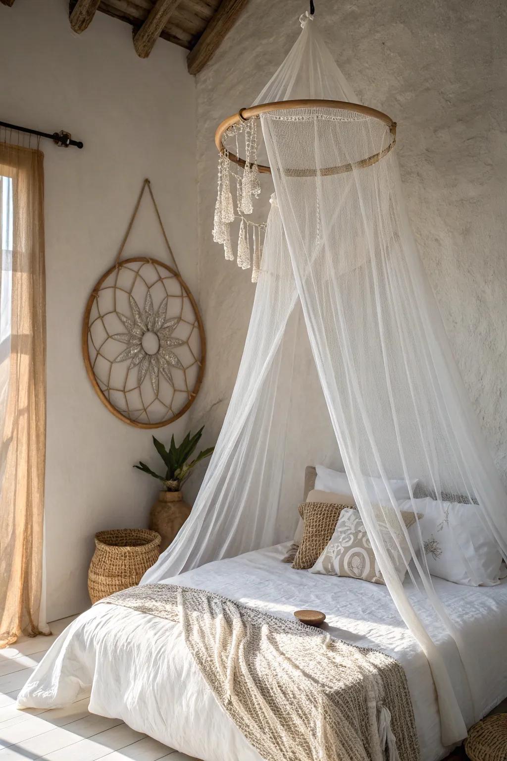 Elevate your bedroom oasis with a handcrafted mosquito net that blends simplicity with bohemian elegance.