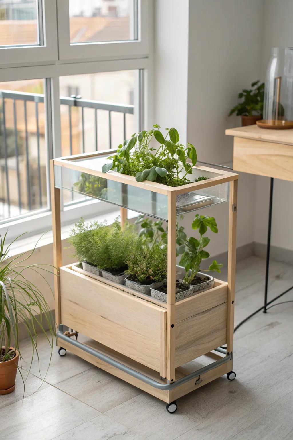 Embrace mobility and natural beauty with a Scandinavian-inspired portable hydroponic unit that follows the sun.