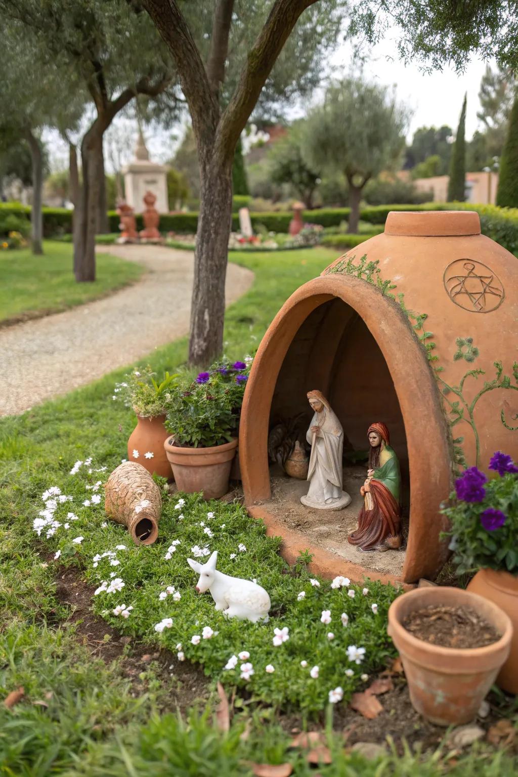 Clay pots make sturdy and charming figures for a garden nativity scene.