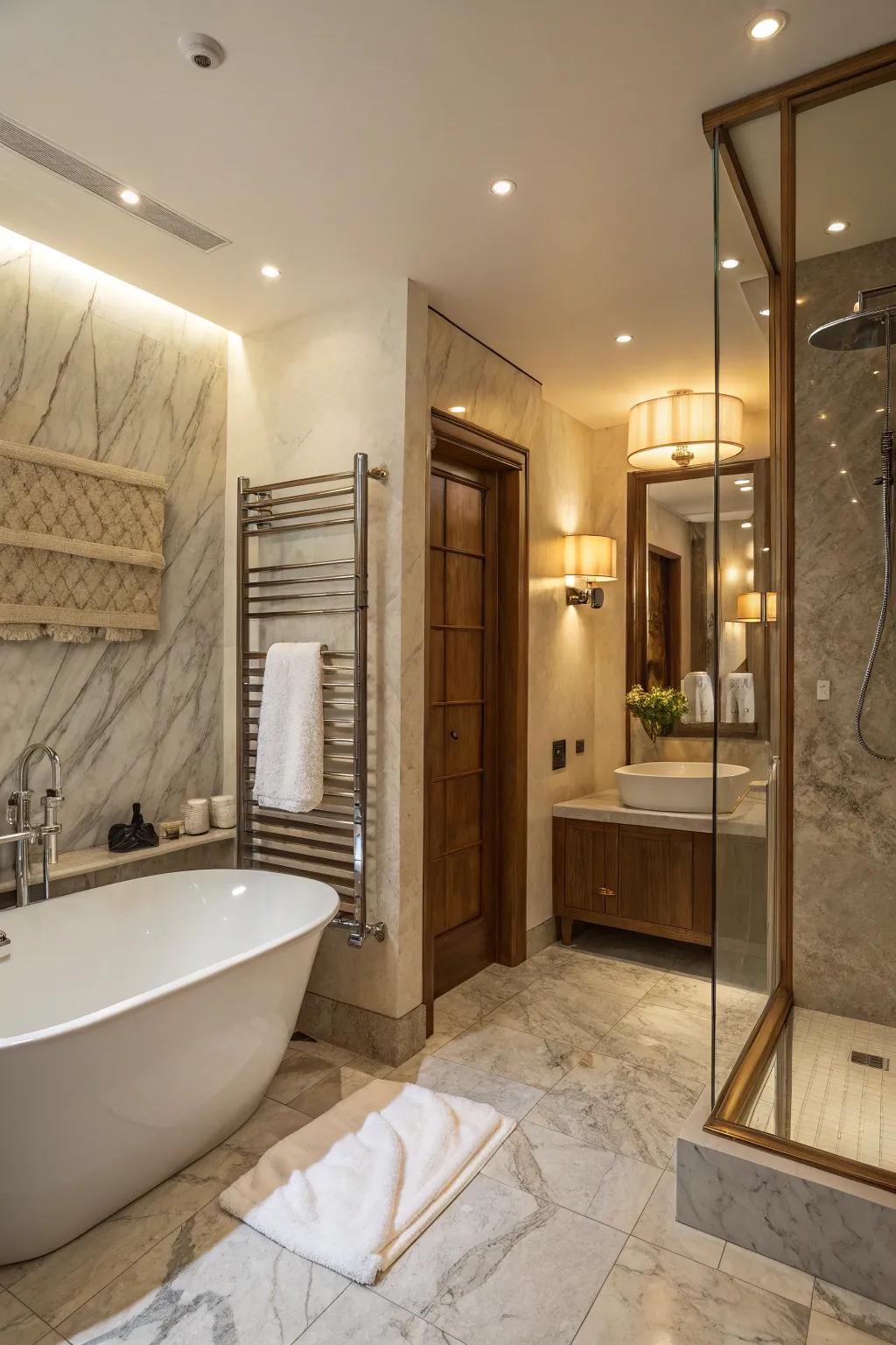 Warm towel racks add a touch of comfort and luxury to this master bathroom.