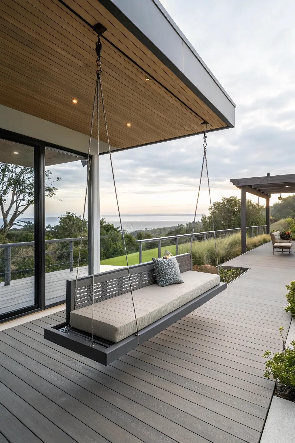 Floating benches create a sleek, modern deck aesthetic.