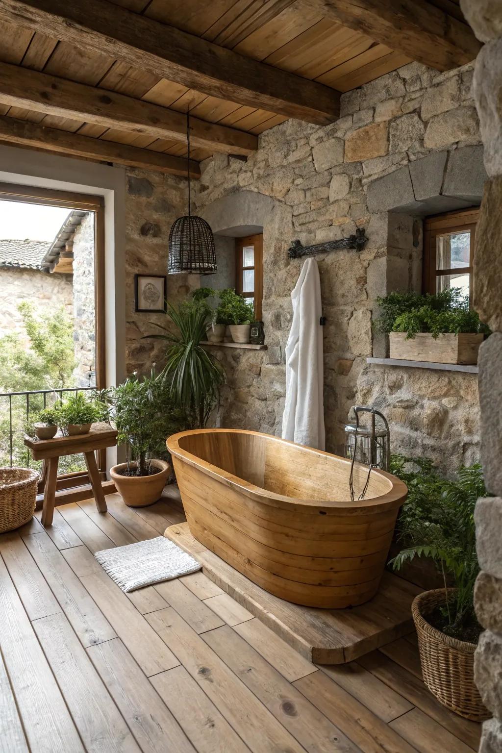 An eco-friendly wooden tub adding rustic charm to a cozy bathroom.