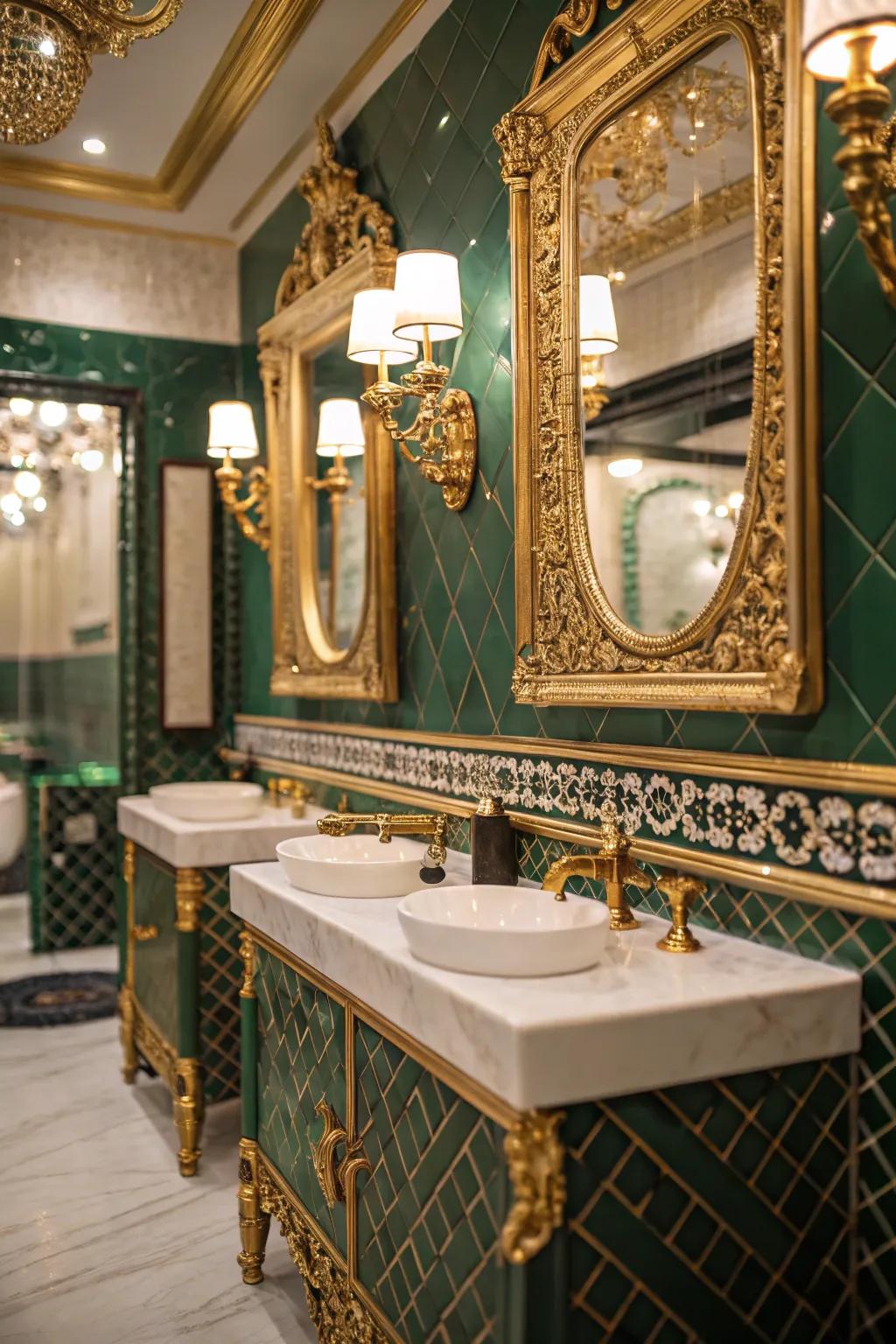 Ornate gold details and emerald accents add vintage glam to the bathroom.