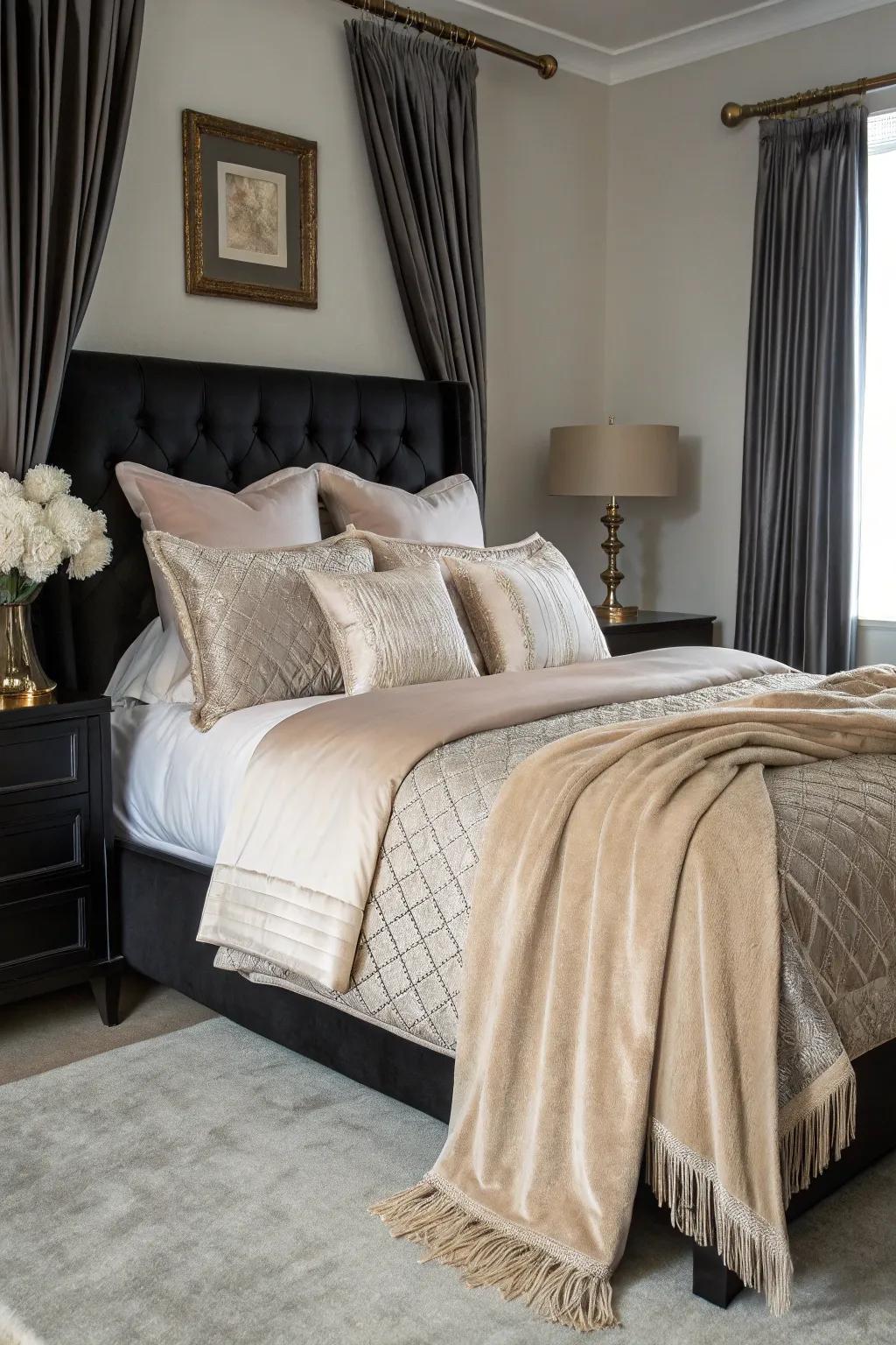 Soft fabrics like silk and cashmere add plush comfort to this black bedroom.