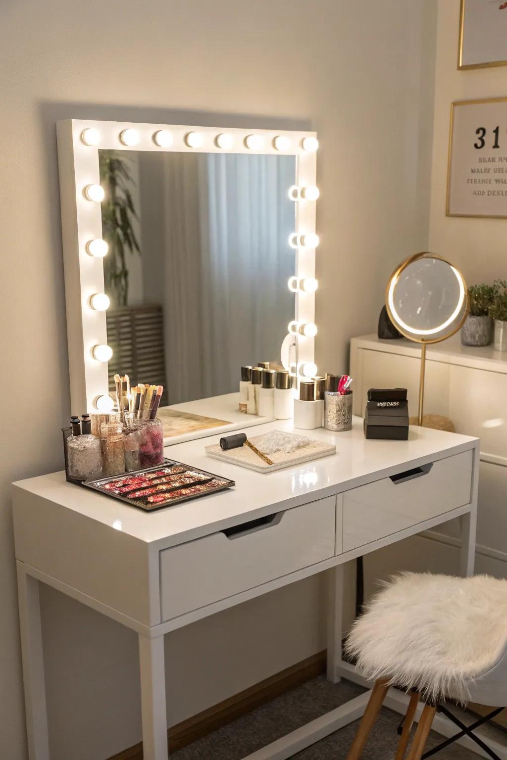 LED lighting enhancing a small vanity setup.