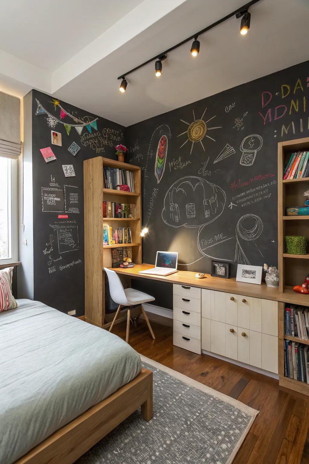 Chalkboard walls allow for ever-changing artistic expressions.