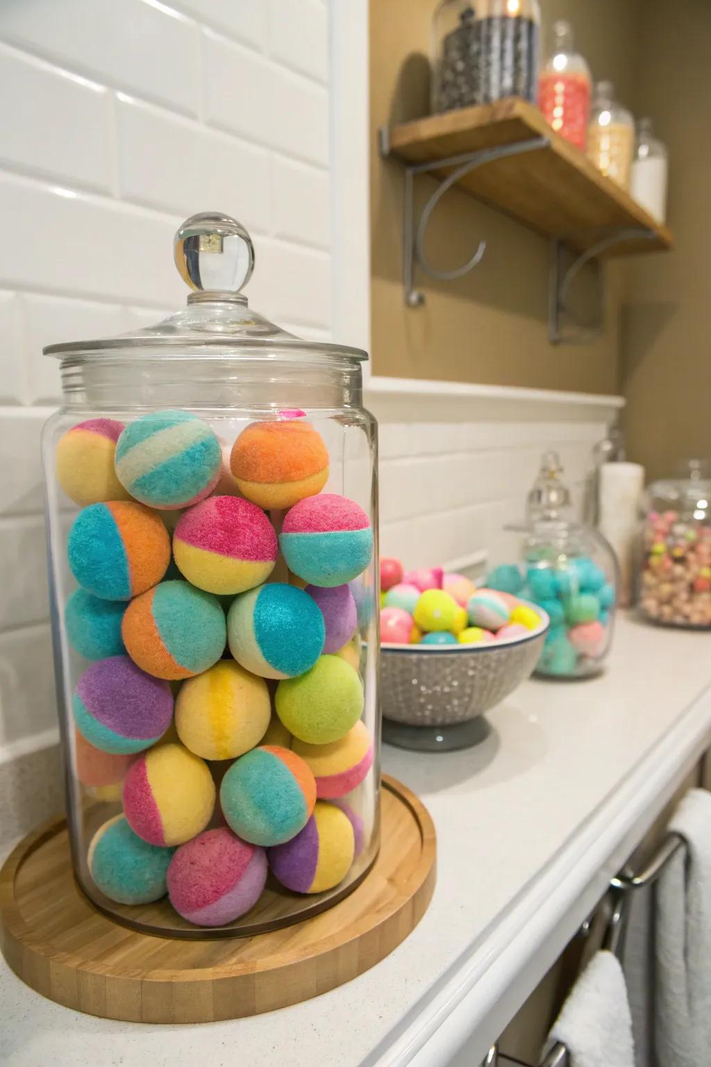 Brighten your bathroom with colorful bath bomb storage.