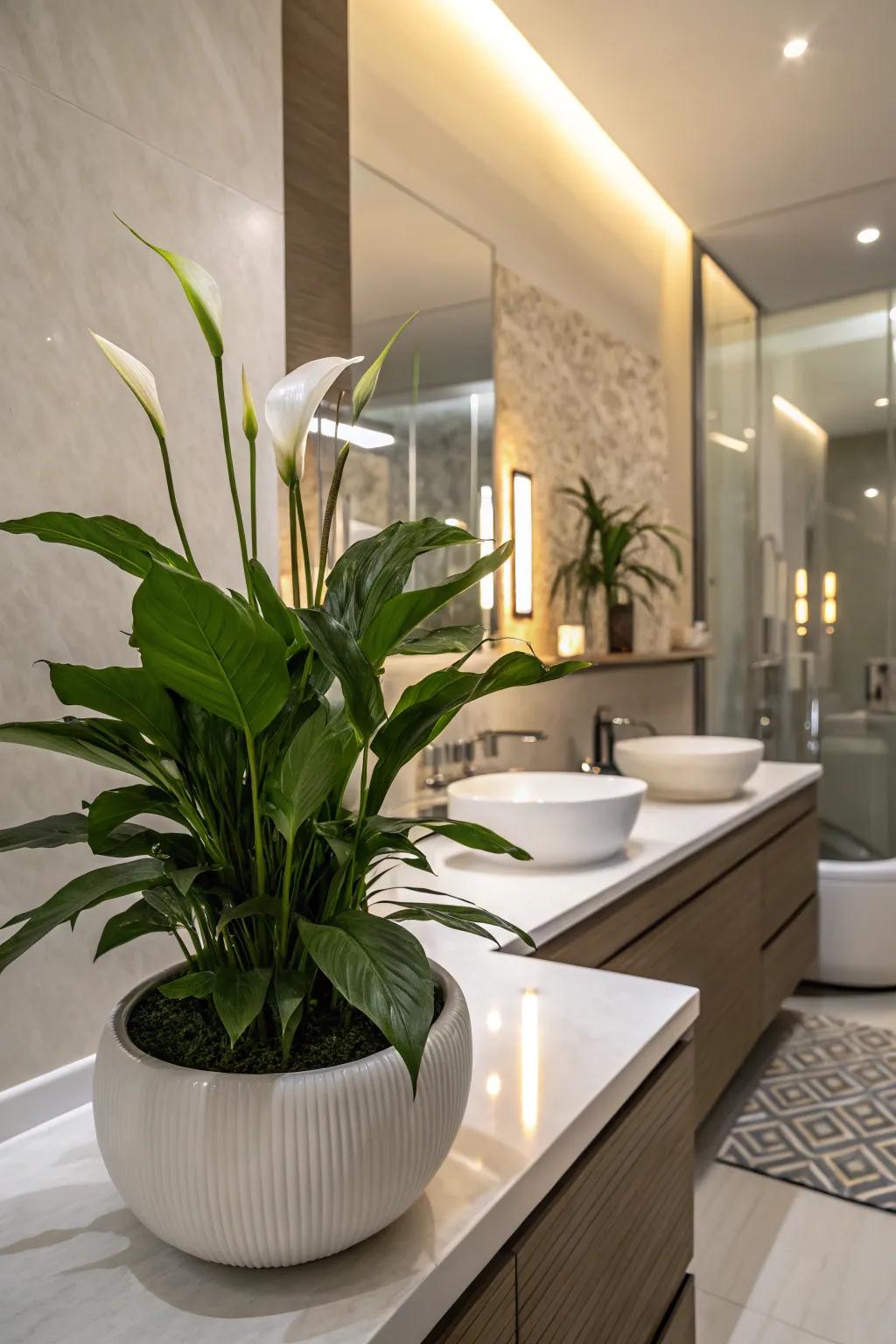 Peace Lilies are both beautiful and functional for bathroom spaces.