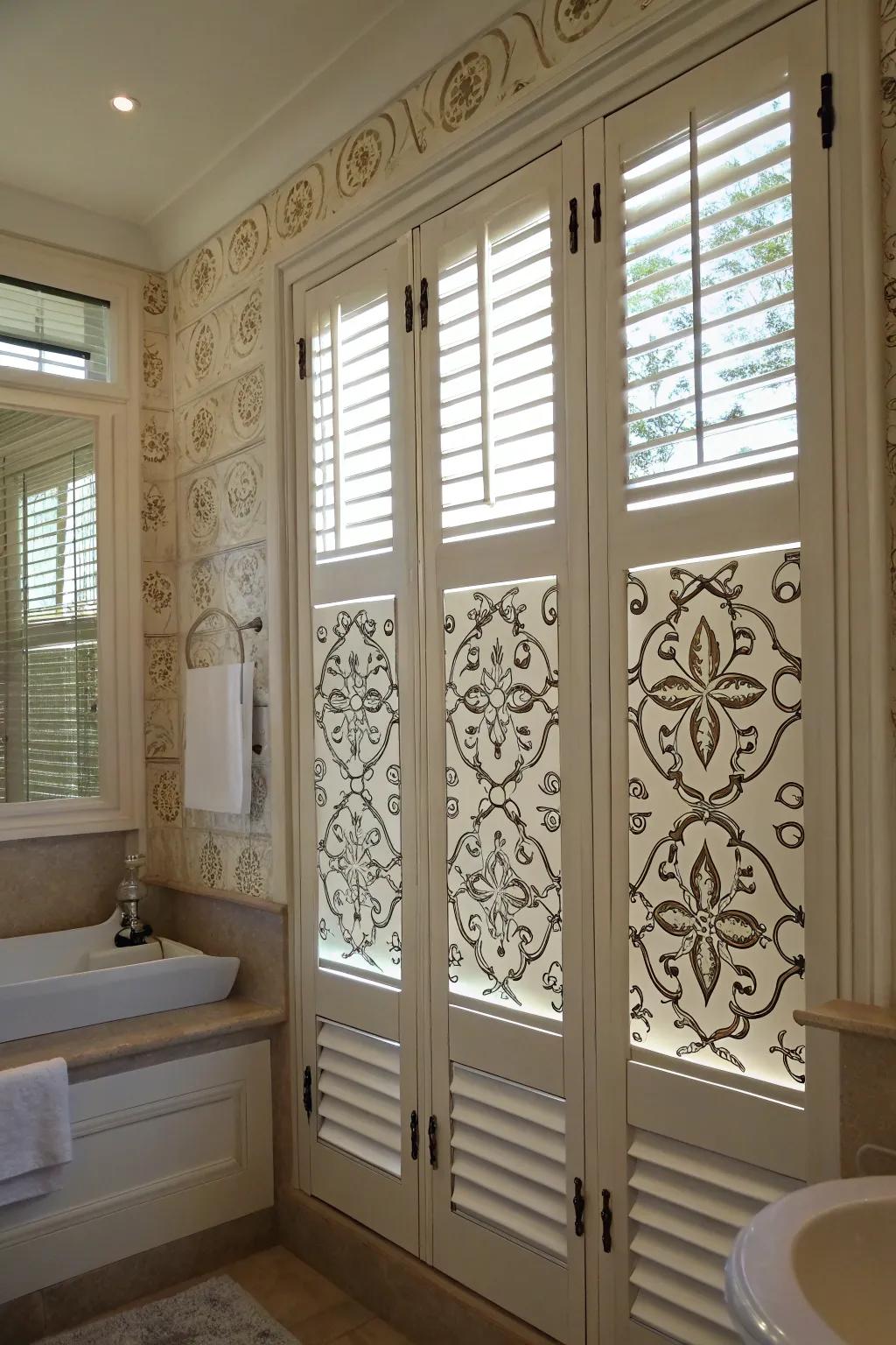 Decorative shutters with stencils add an artistic touch and personal style to your bathroom.