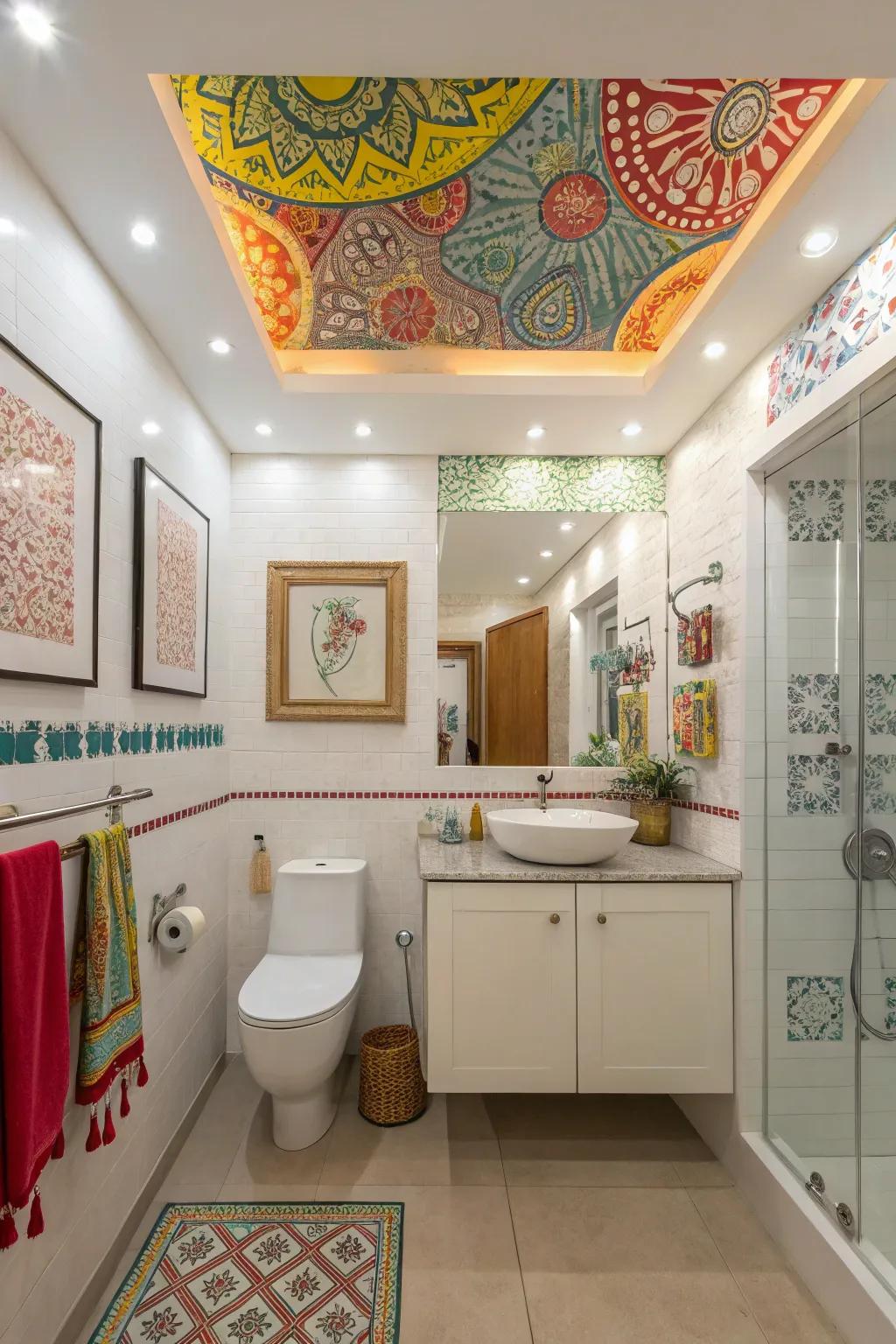 Art in soffits adds a personal touch to bathroom spaces.