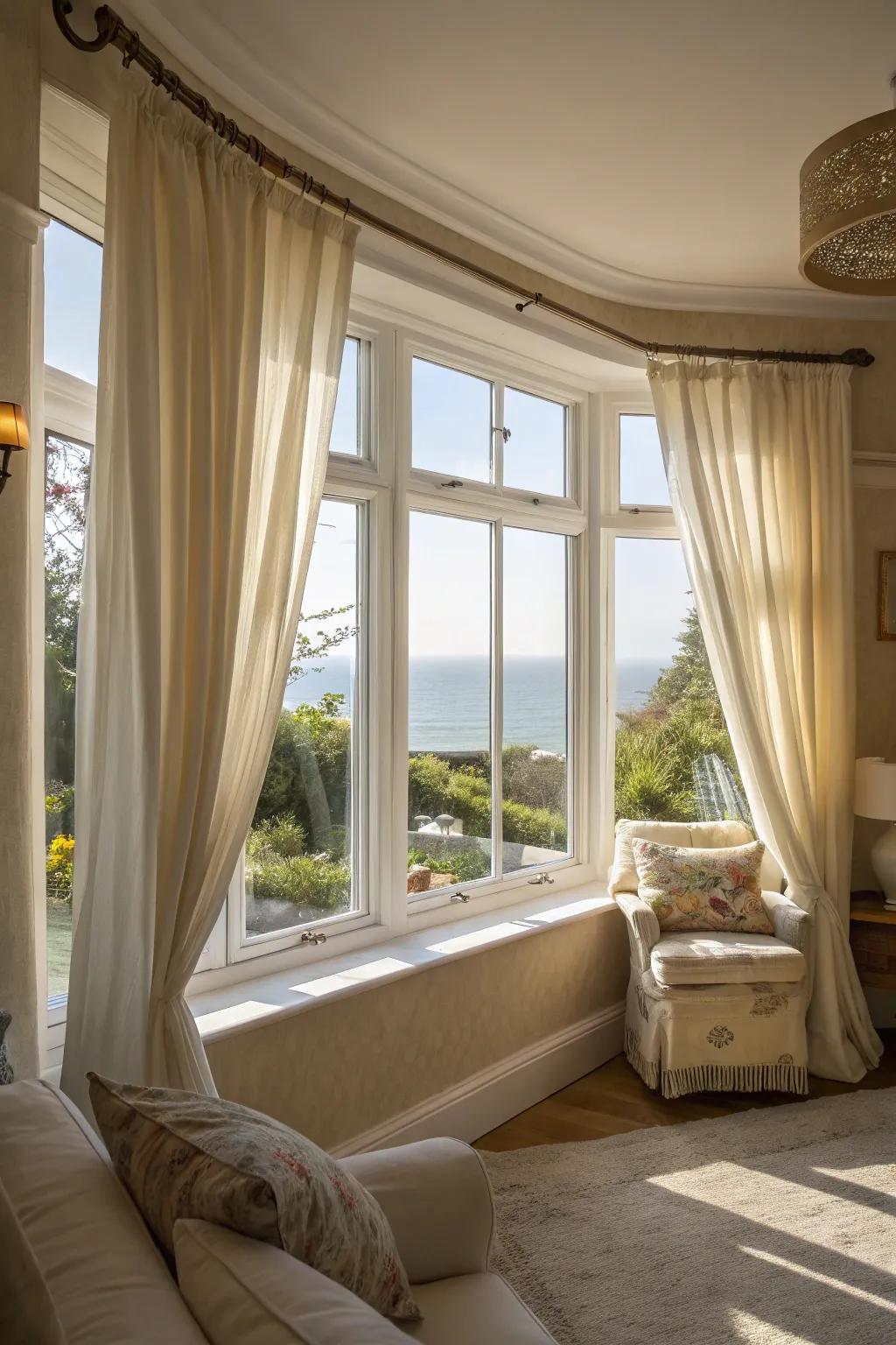 Linen curtains add a relaxed and airy touch to bay windows.