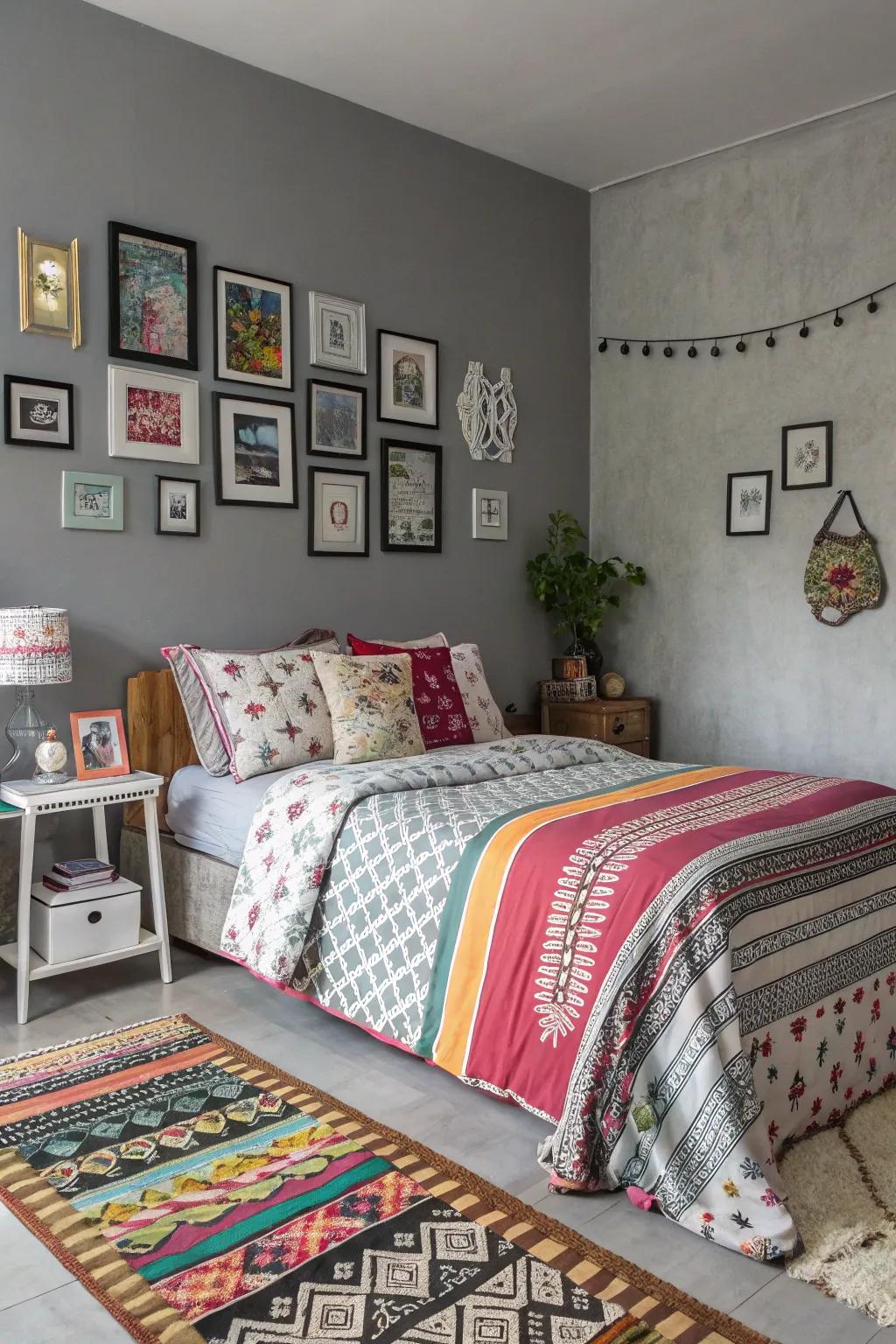 Mixed patterns add personality and depth to gray bedrooms.