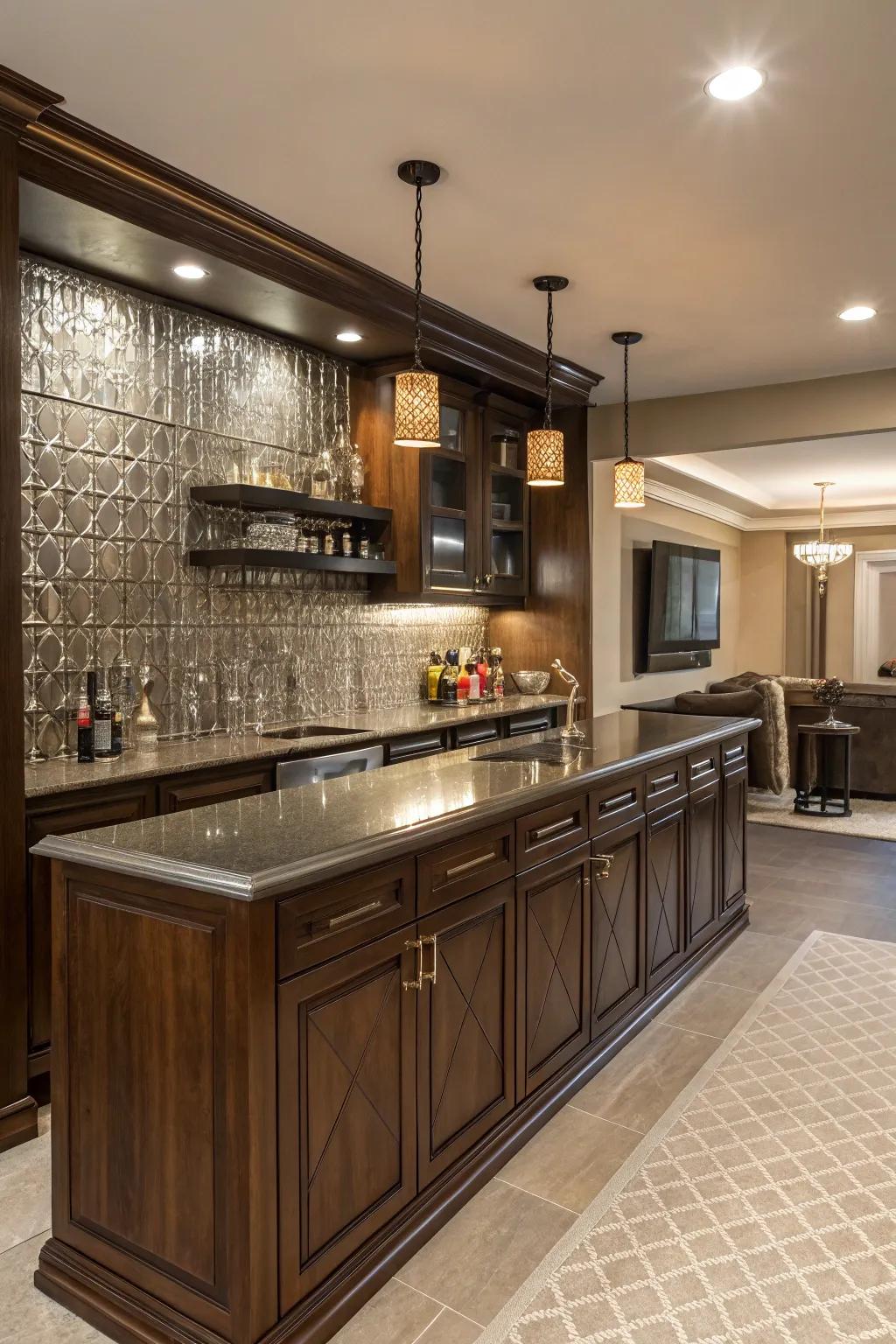 A dramatic backsplash sets the tone.