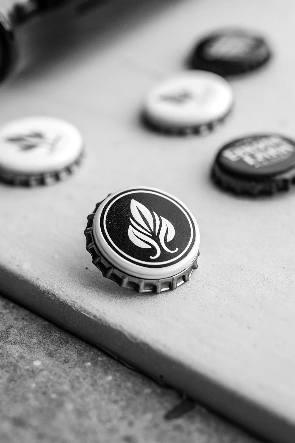 Black and white bottle cap pins for a minimalist aesthetic.