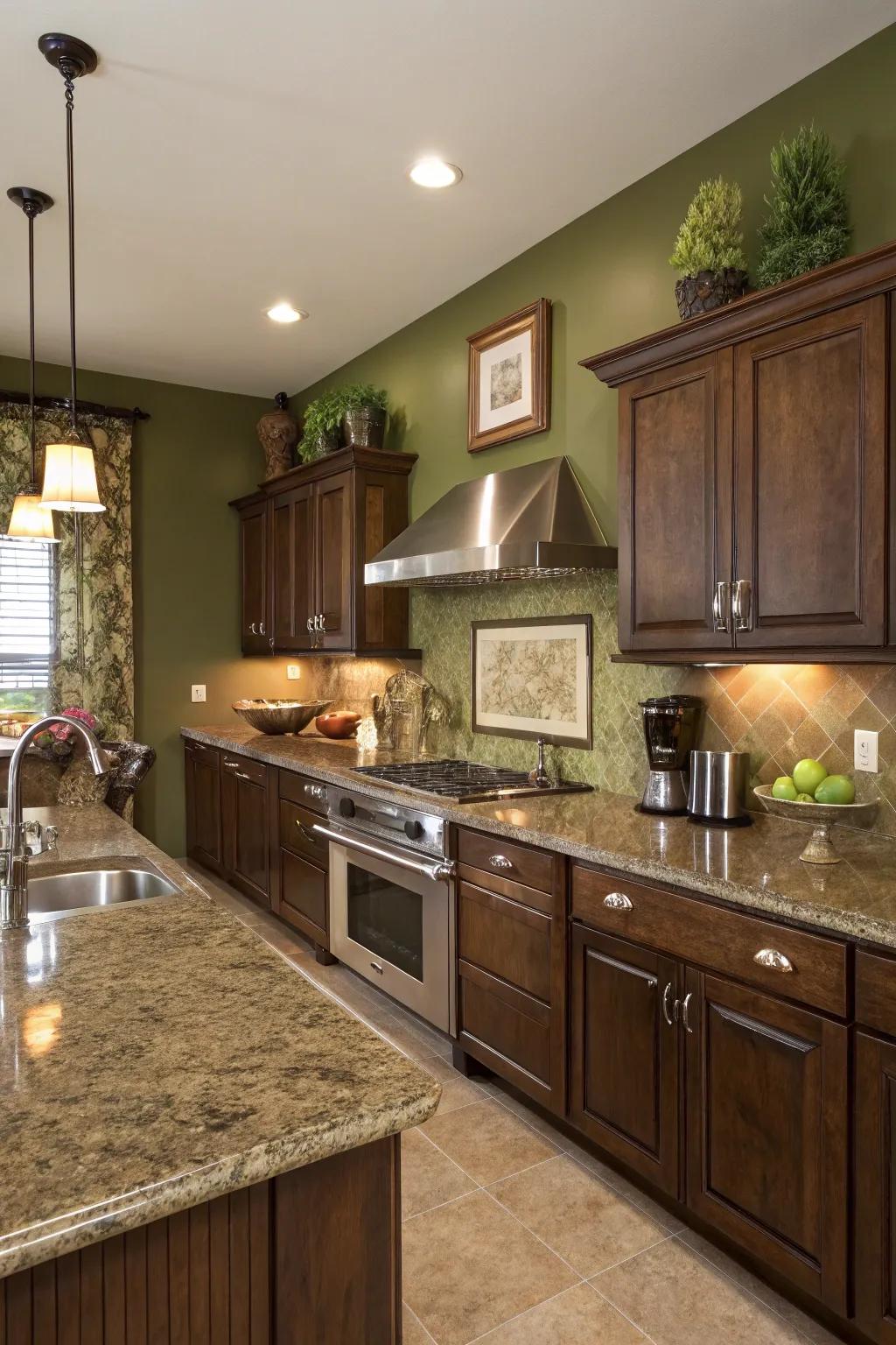 Olive green walls bring earthy sophistication to kitchens with brown granite.