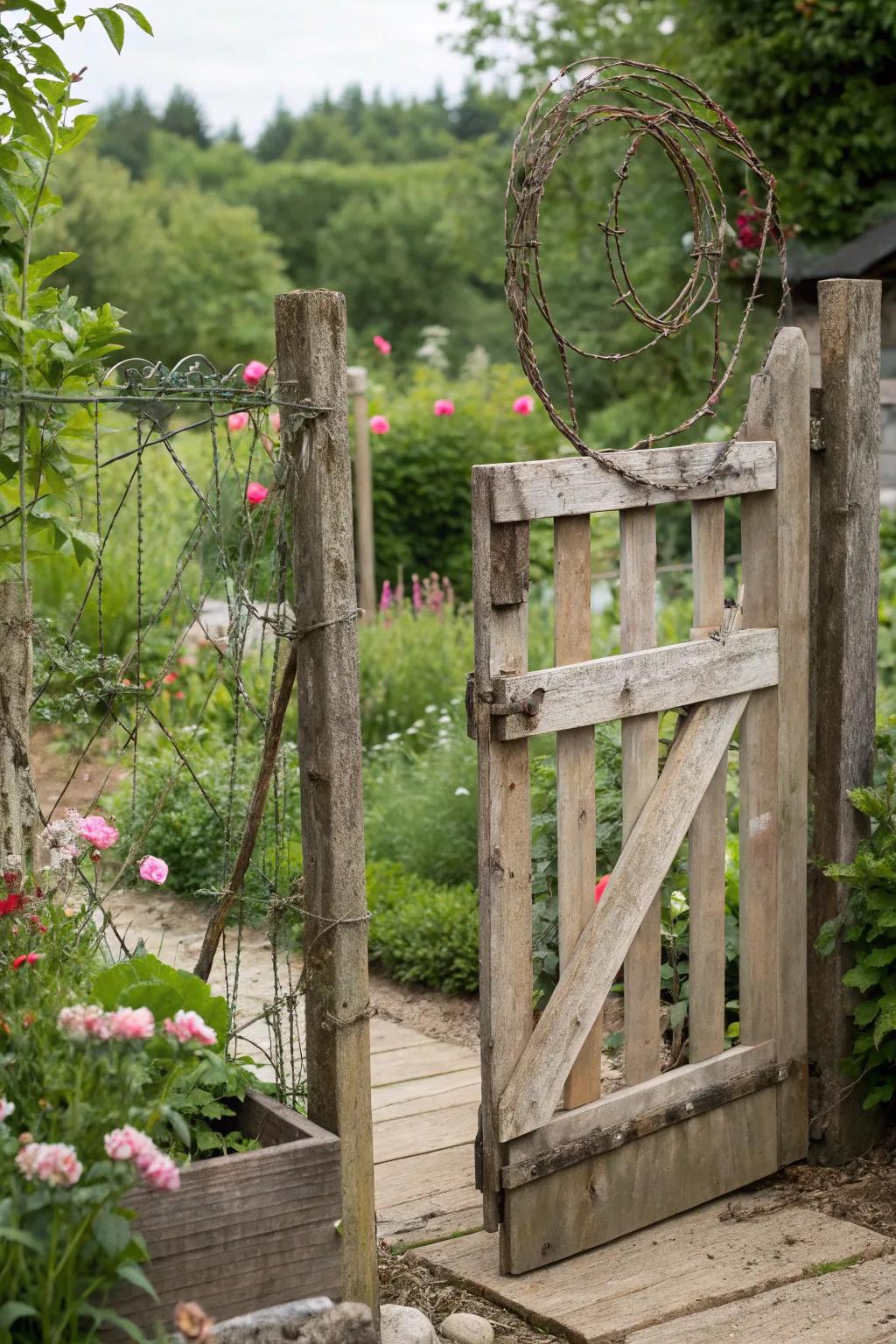 A recycled wood pallet and wire gate offers eco-friendly charm.