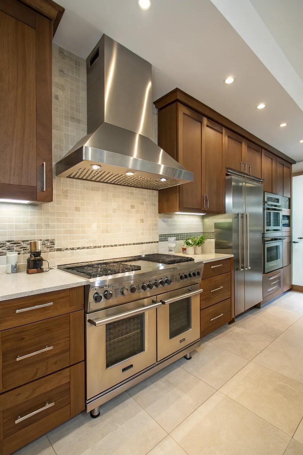 A kitchen featuring a stainless-steel range hood and matching appliances.