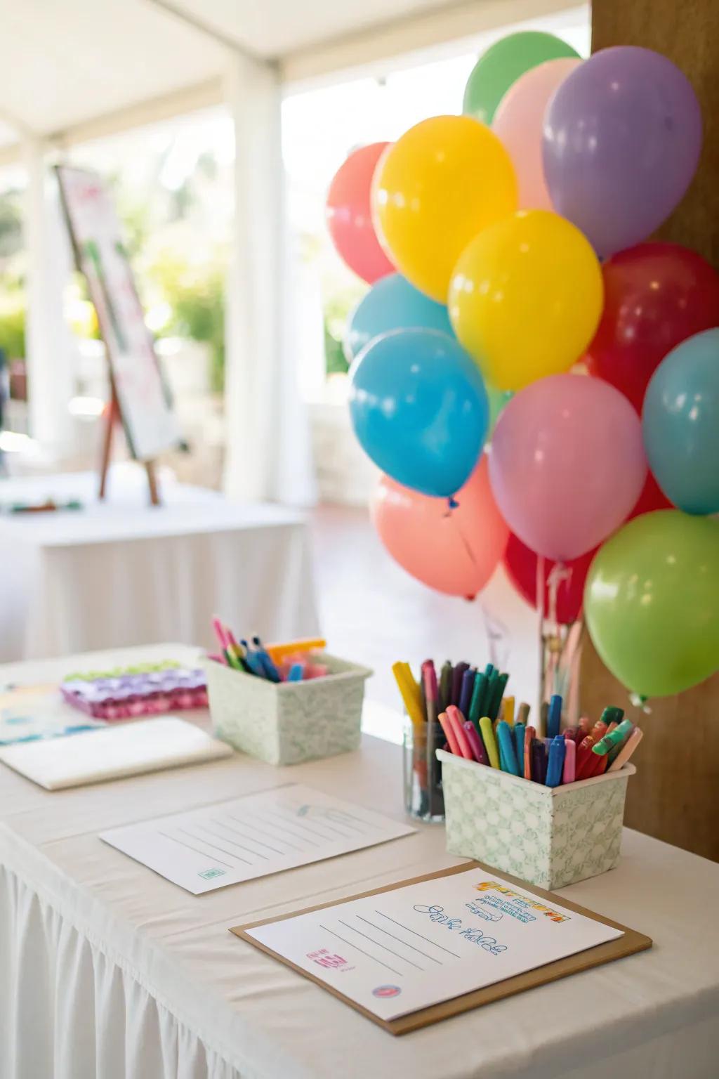 A balloon message table inviting guests to share uplifting messages.