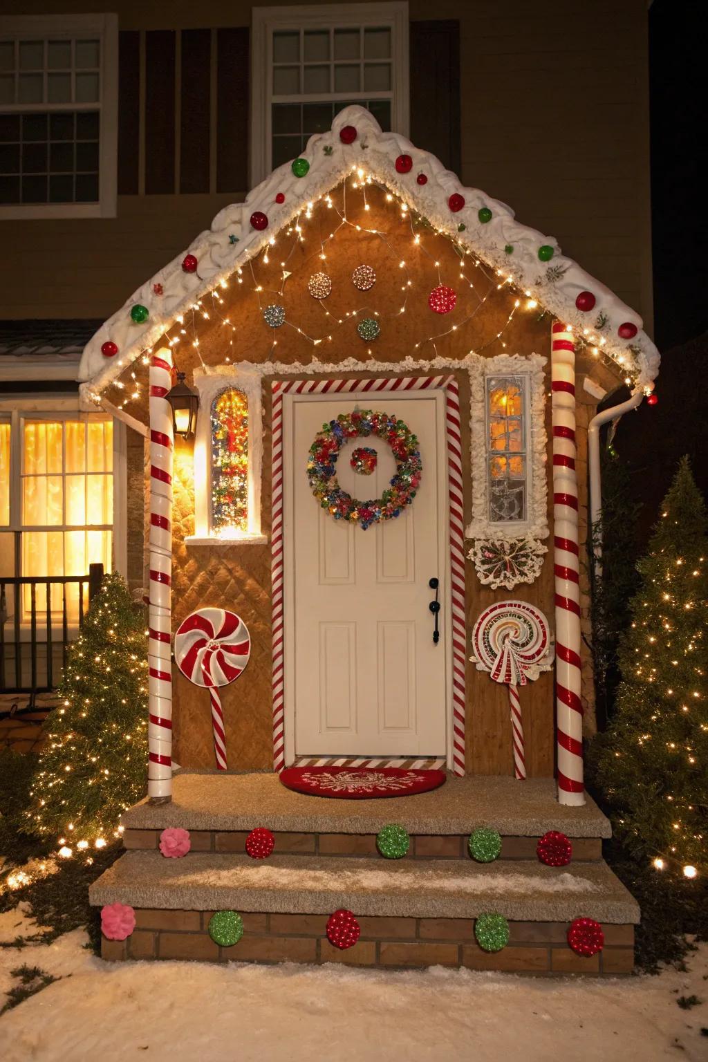 A door transformed into a whimsical gingerbread house.