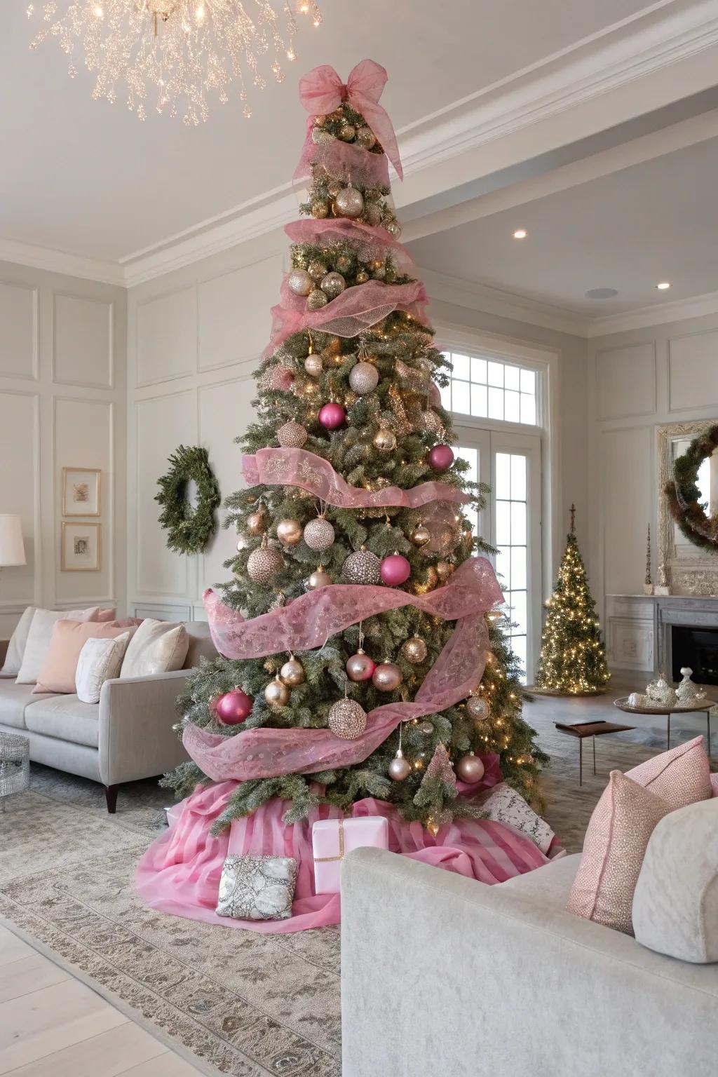 A glamorous Christmas tree adorned with pink mesh ribbons, adding a chic and modern twist to the decor.