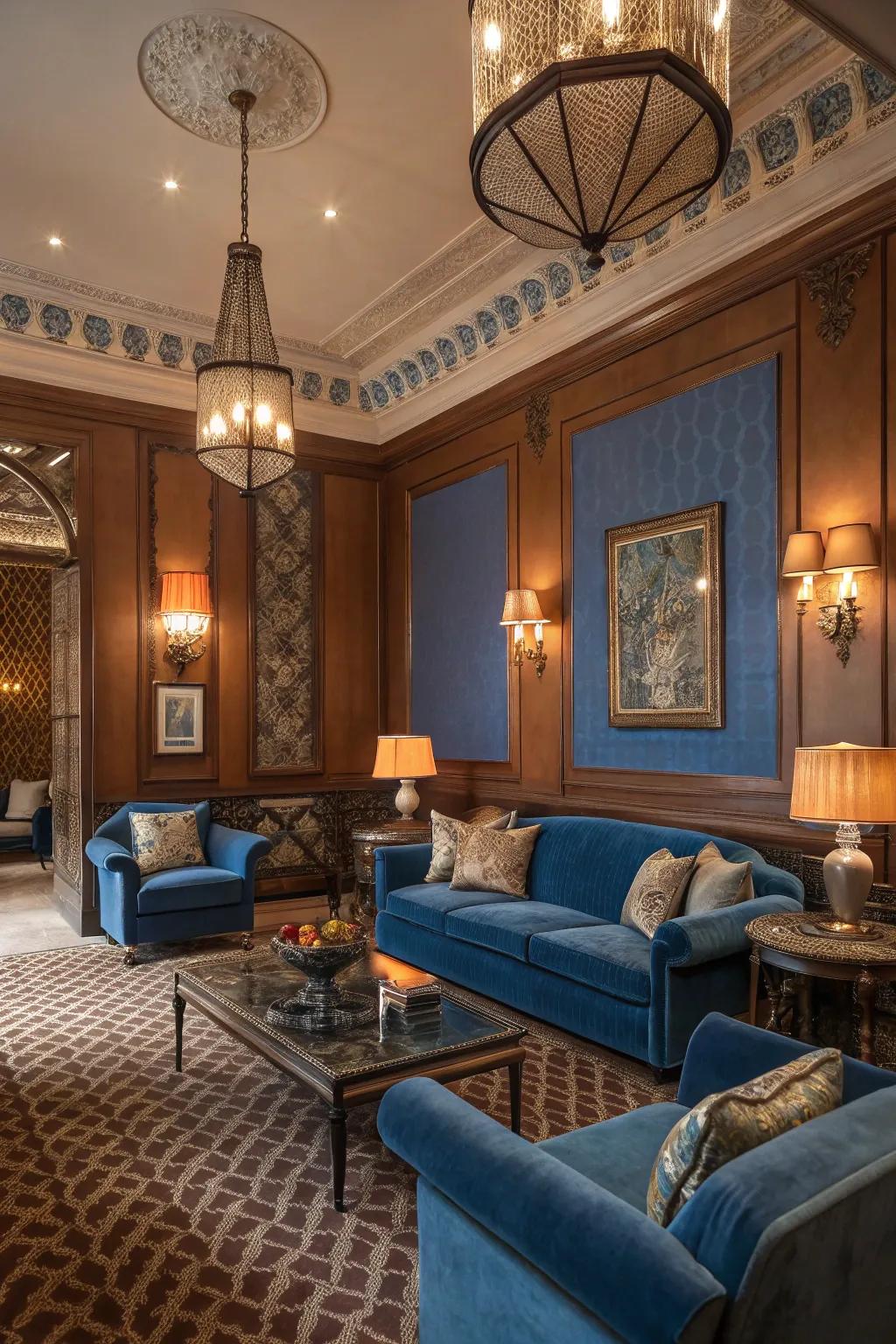 An opulent sitting room with rust and royal blue accents.