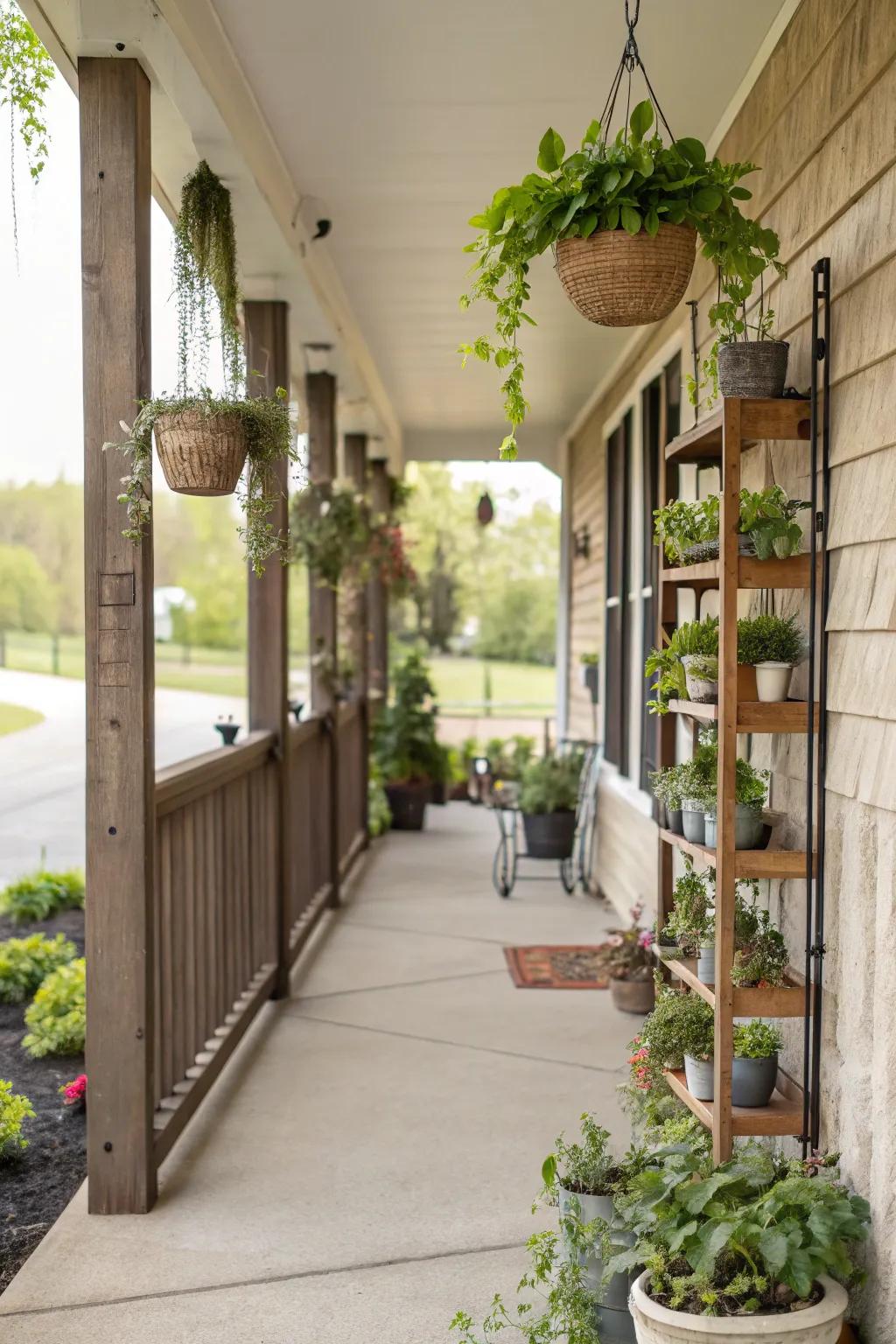 Hanging decor adds depth and movement to a porch.