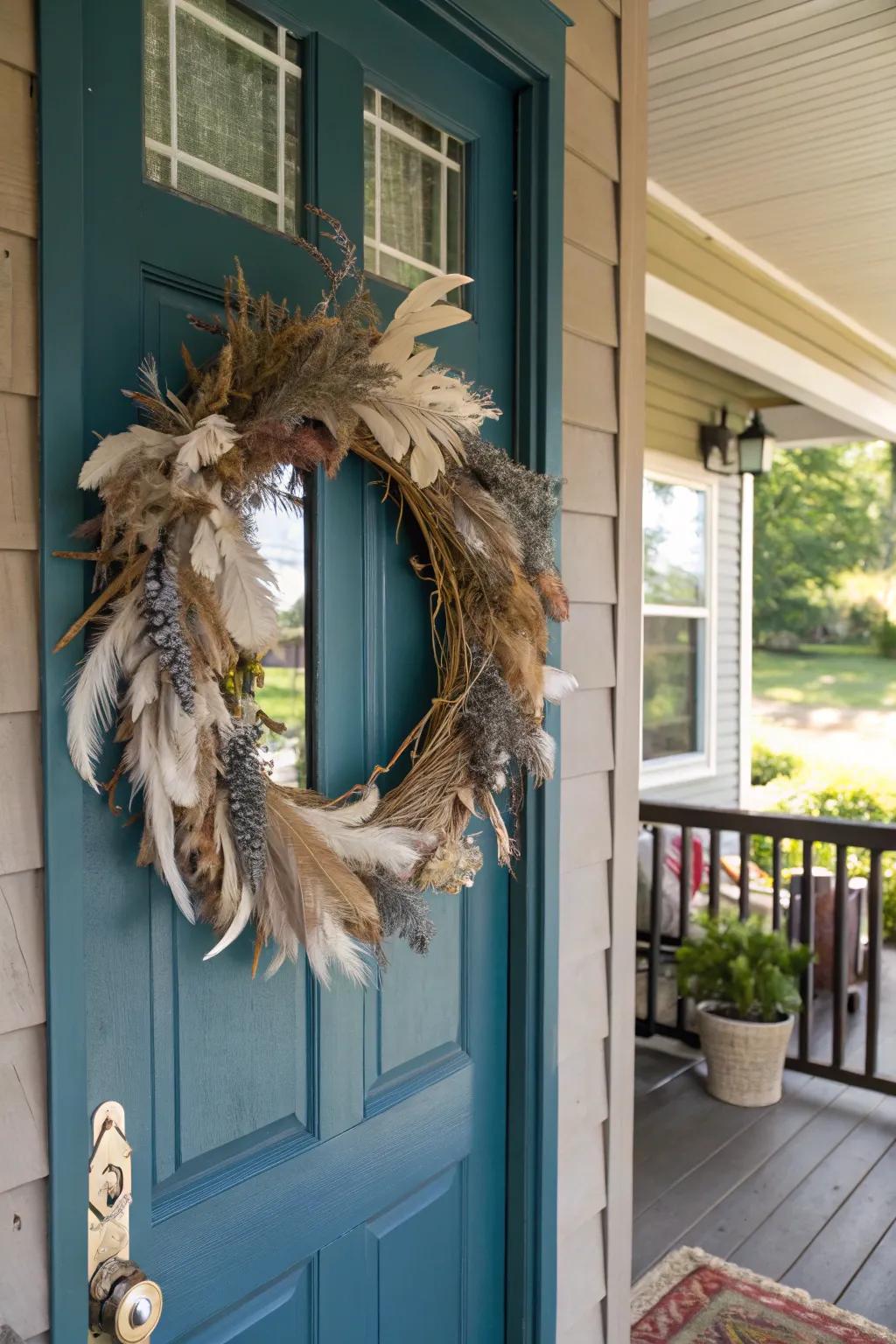 A rustic feathered wreath displayed on a front door.