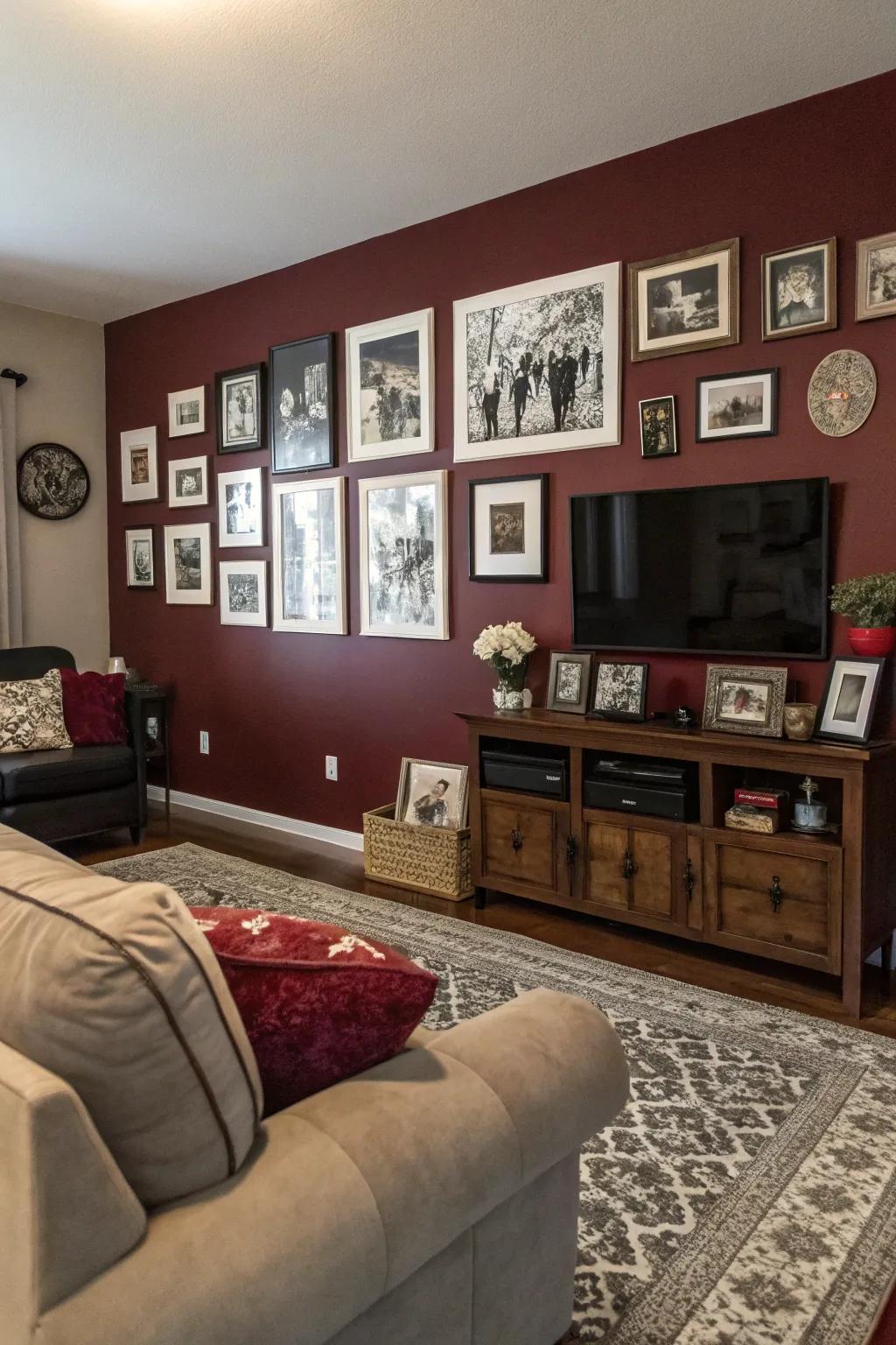 A personalized living room with dark red walls and a gallery wall.