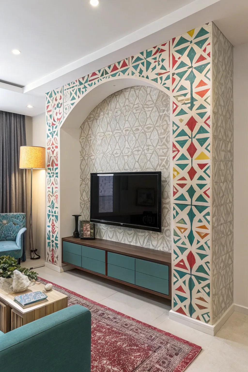 Wallpapered niche with geometric patterns around a TV.