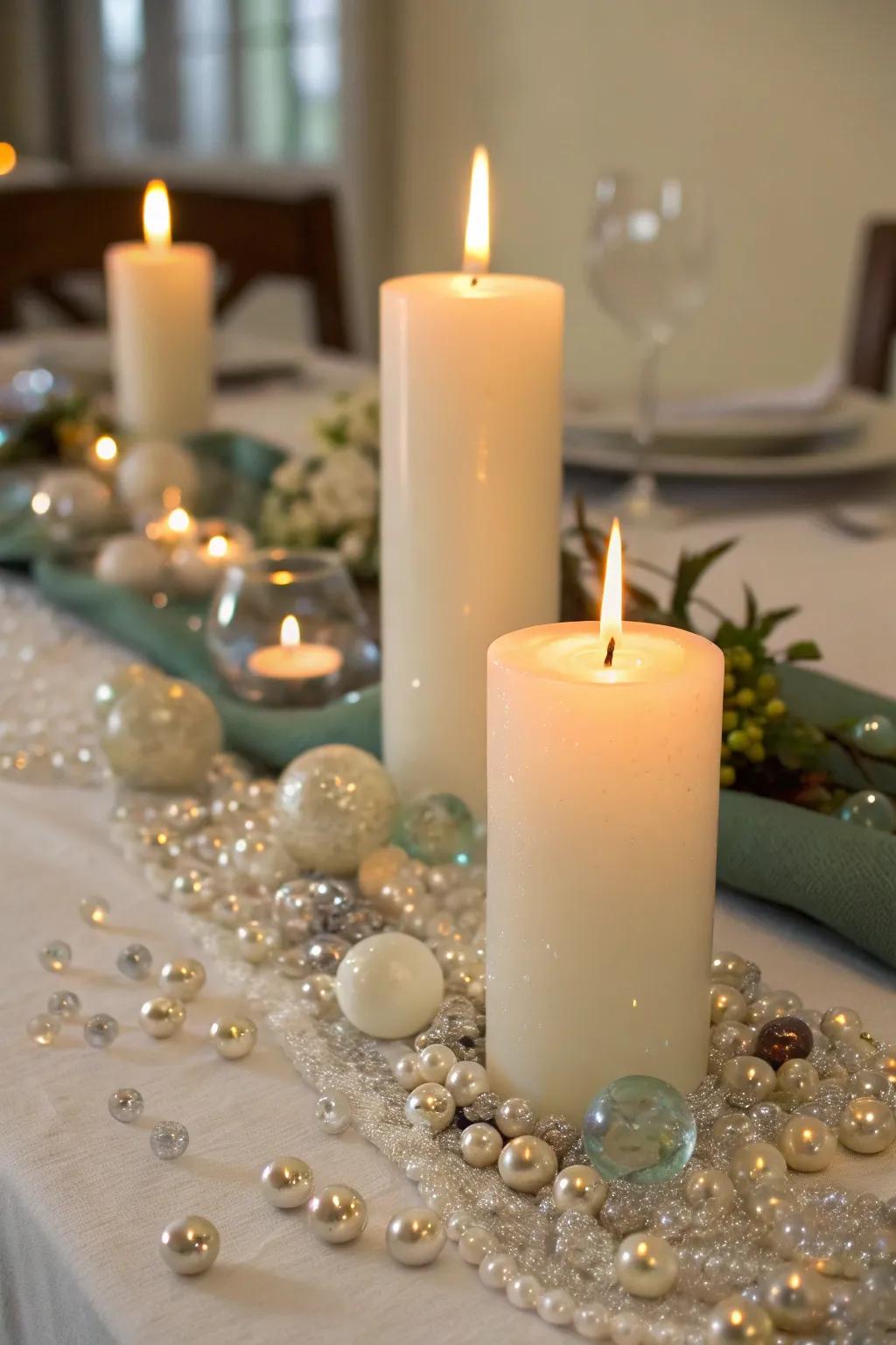 Sparkling glass beads enhancing the candle display.