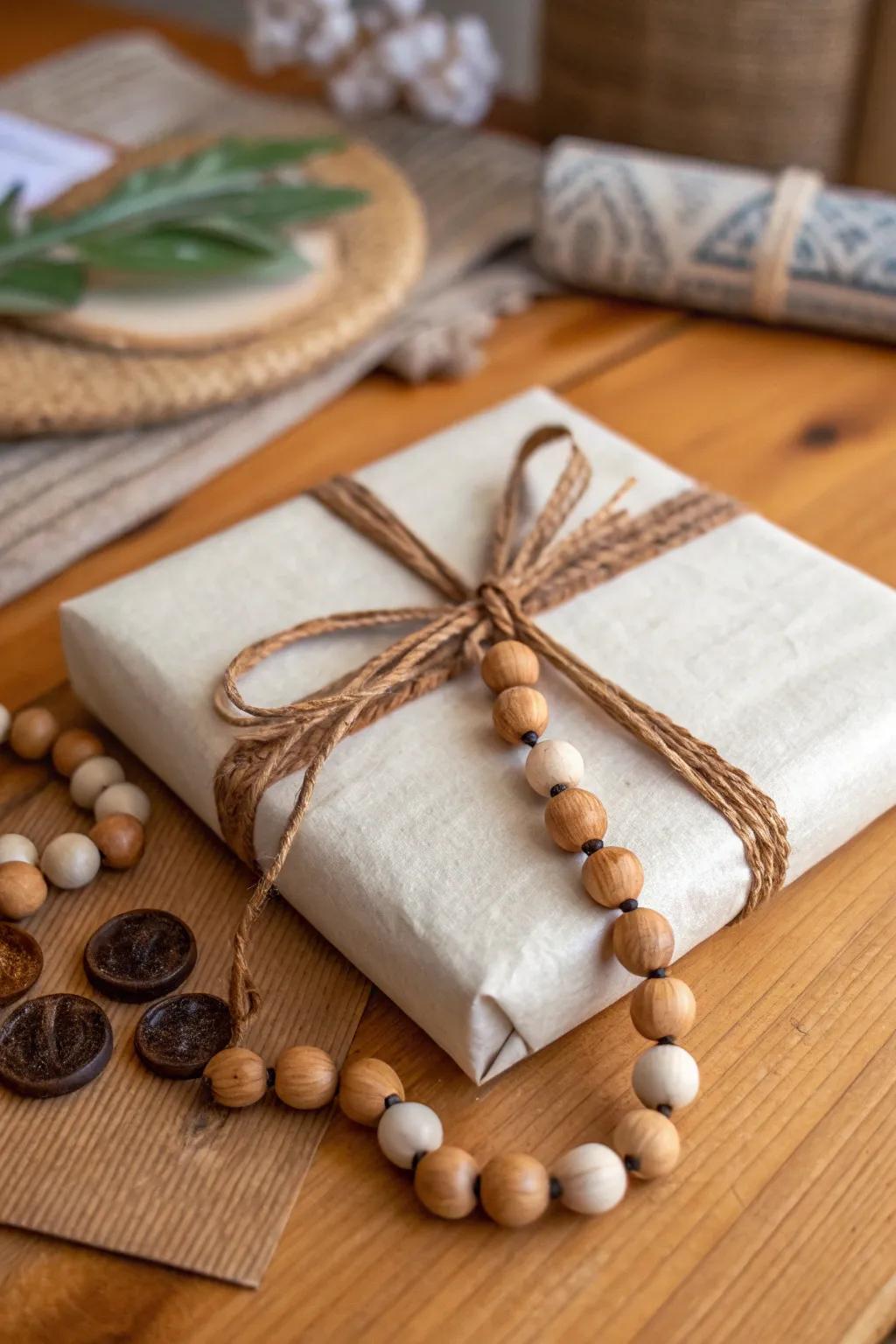 Gift wrap decorated with wooden beads.