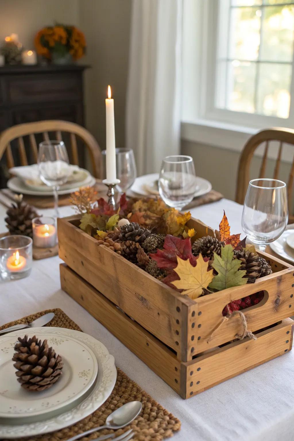 A wooden crate centerpiece brings seasonal charm to the dining table.