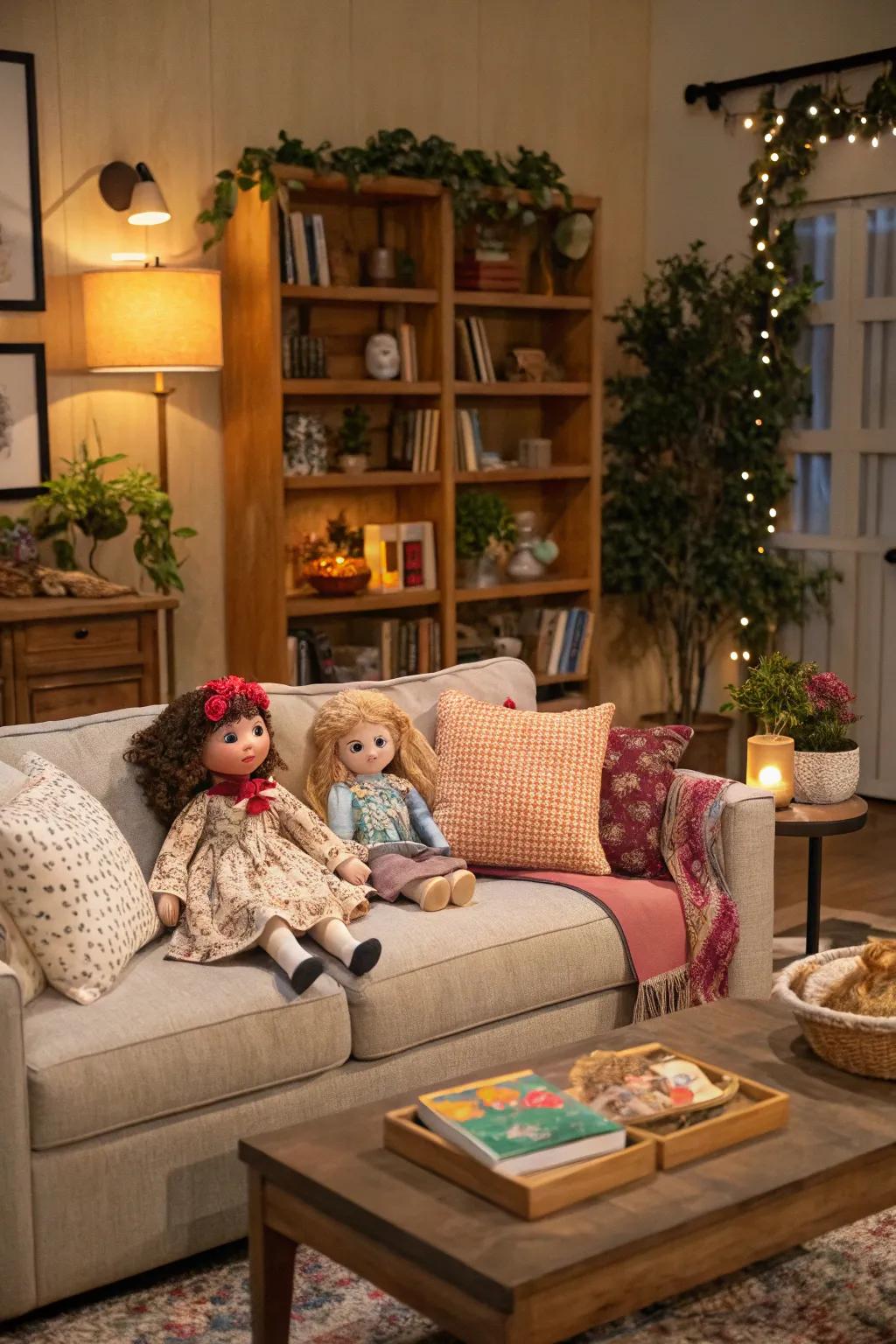 A living room display that makes dolls a part of daily decor.