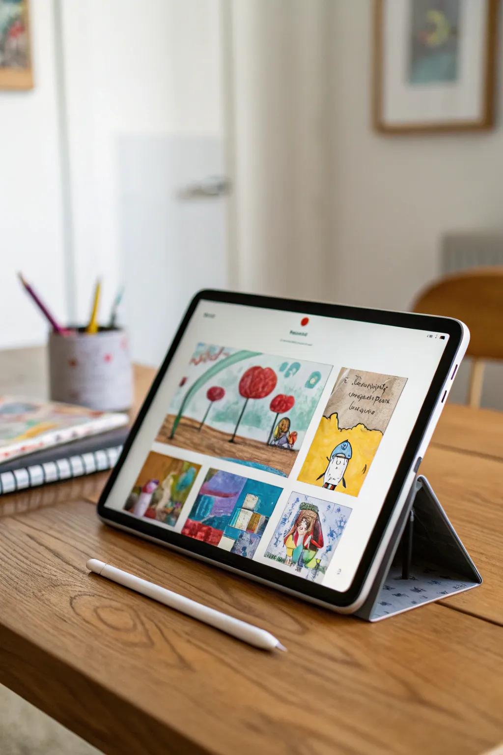 A digital gallery of children's artwork displayed on a tablet.