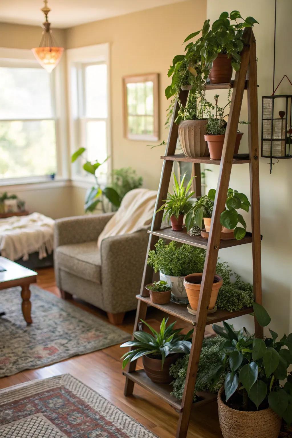 A rustic ladder transformed into a vertical plant haven.