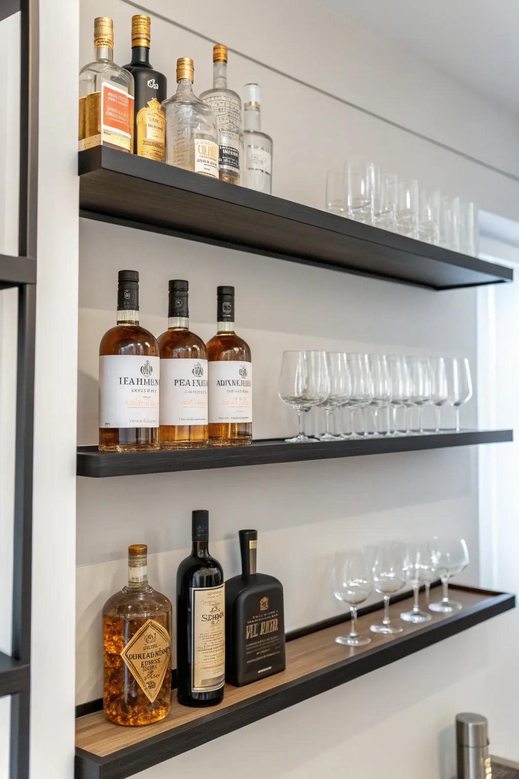 Floating shelves offer a sleek and modern liquor display.