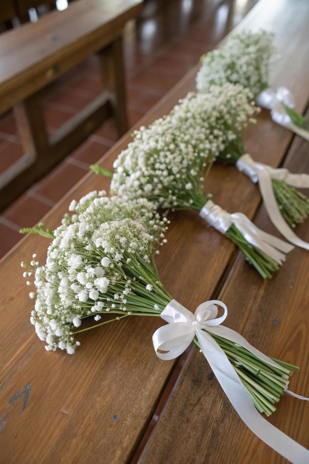 Delicate baby's breath bouquets for a classic wedding look.