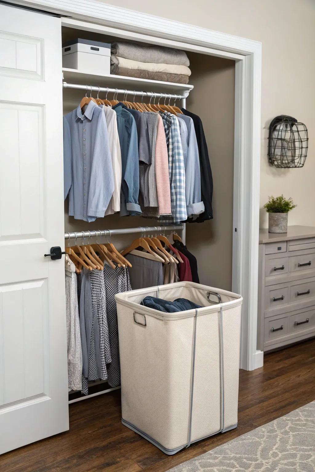 A laundry bin keeps your closet clean and organized.