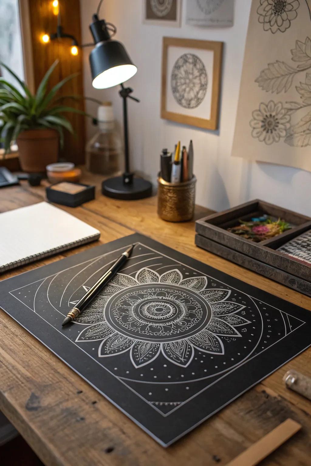 Ink pens bring intricate details to life on black paper.