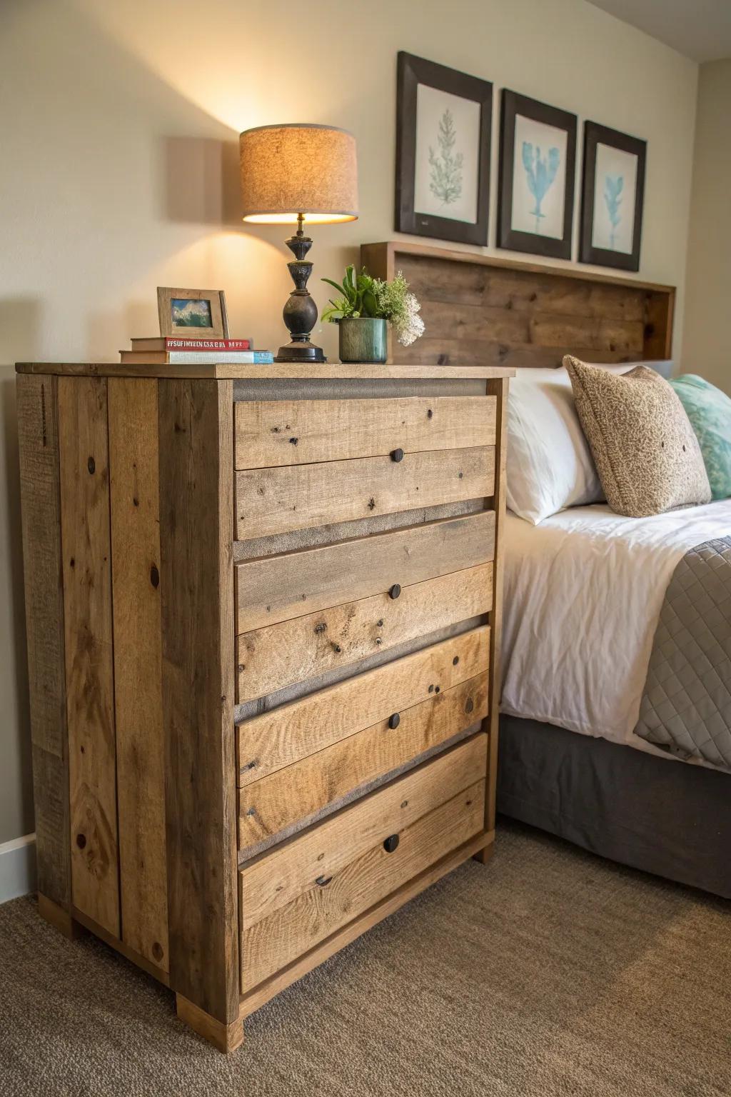 An eco-friendly dresser made from reclaimed wood aligns style with sustainability.