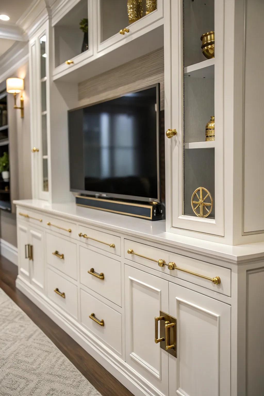 Metallic accents add elegance and sophistication to this entertainment center.