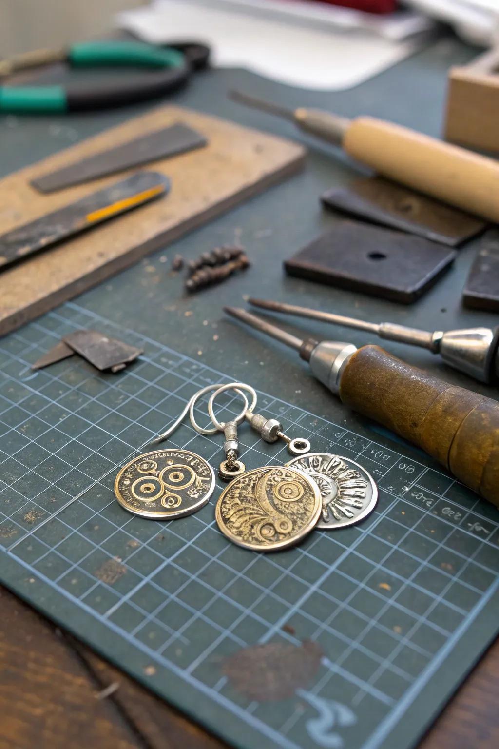 Personalized metal stamped earrings with meaningful messages.