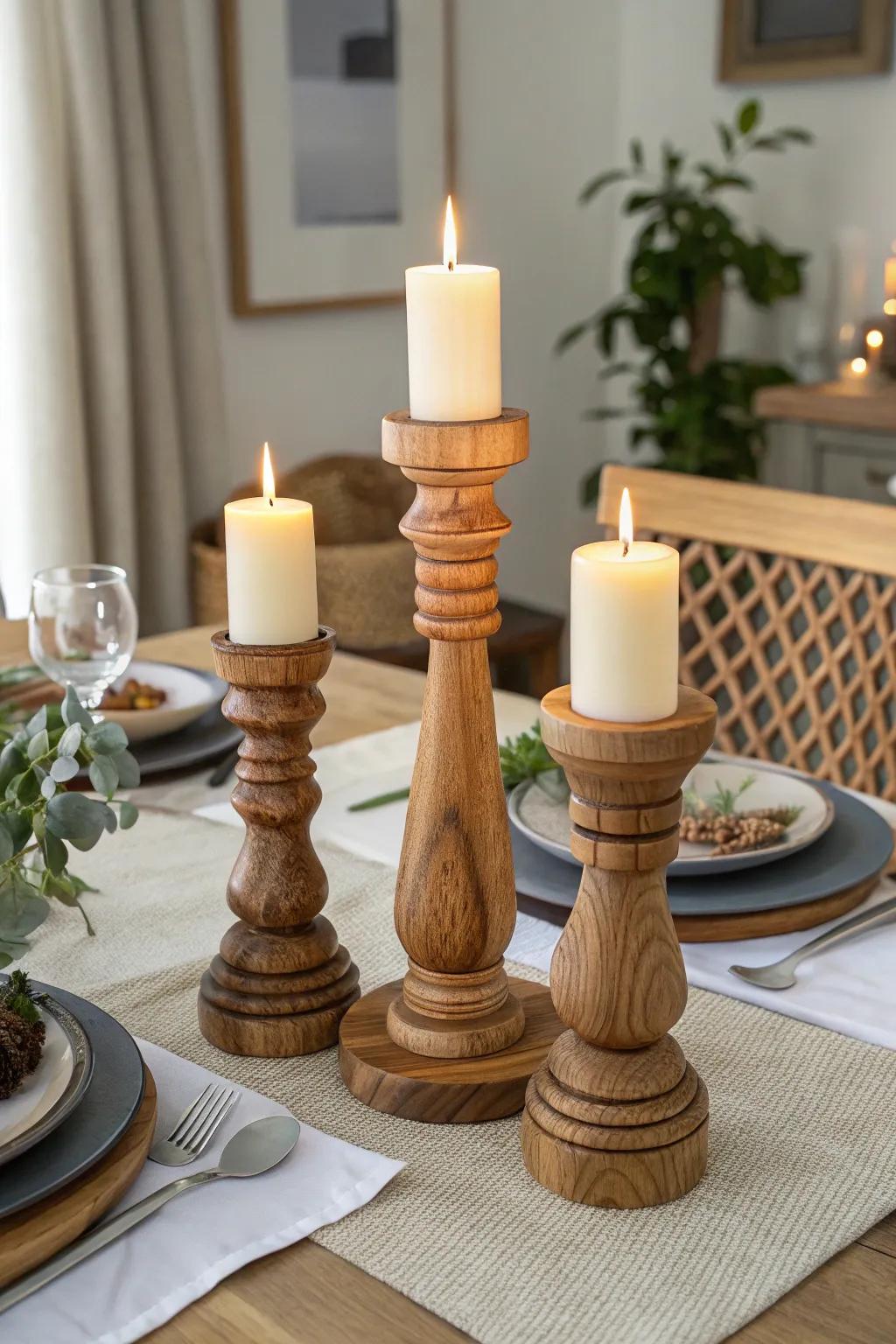 Create a cozy ambiance with unique wooden candle holders.