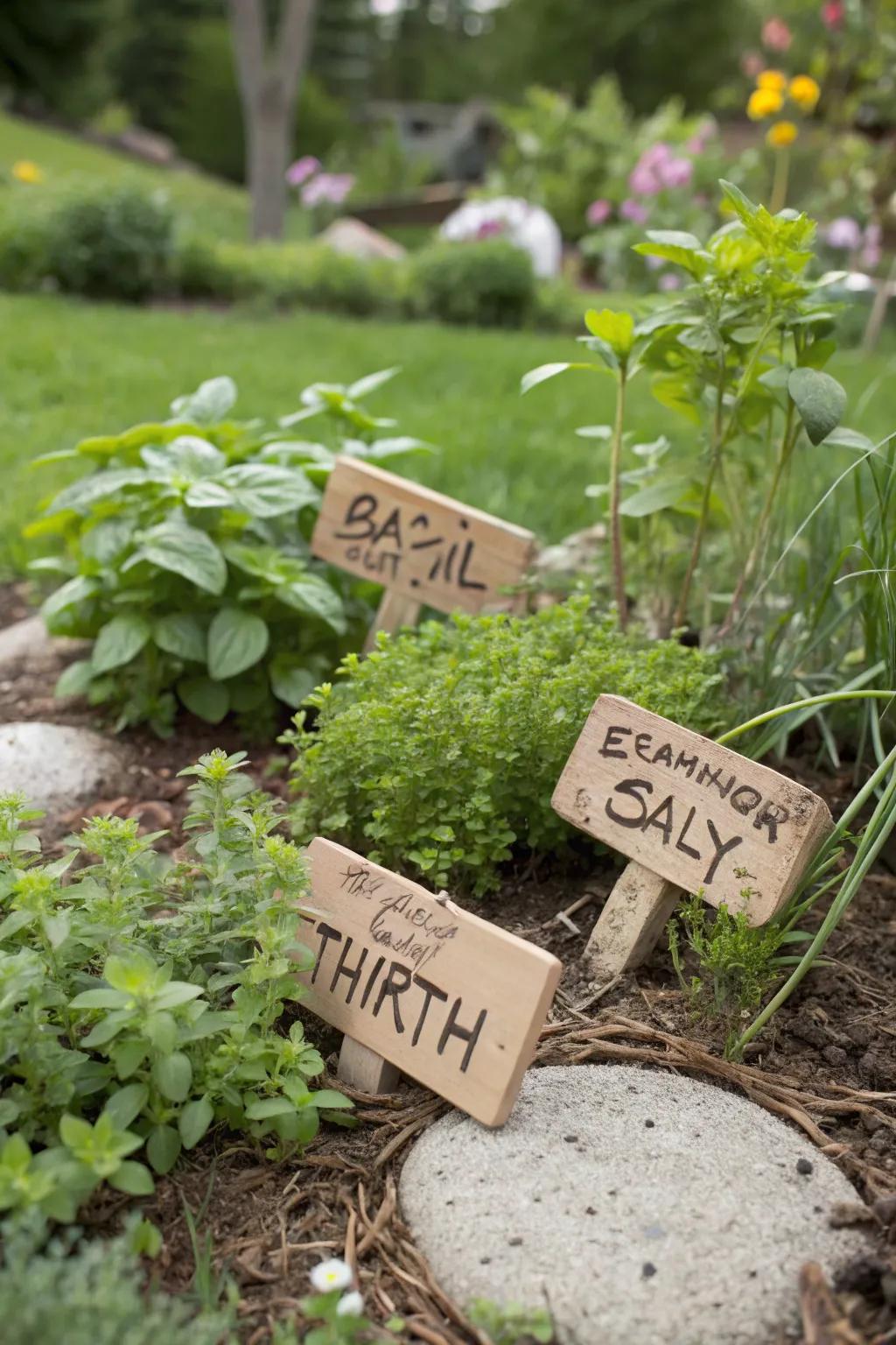 DIY garden markers crafted from excavator clay, effectively labeling herbs in a garden.