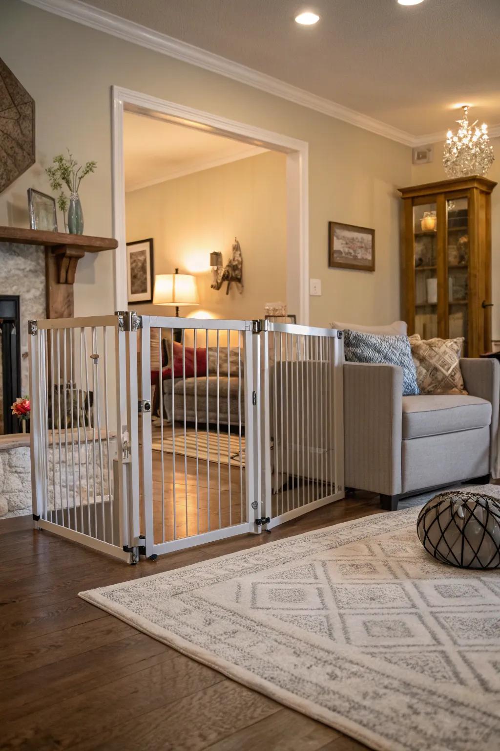 A foldable pet gate for versatile pet management.