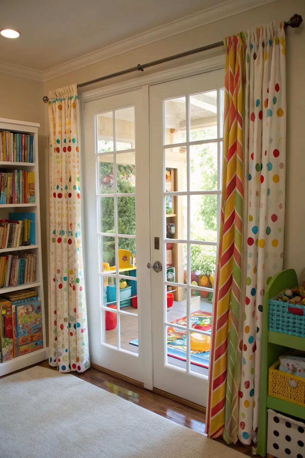 Cheerful patterned curtains adding a playful touch to the playroom.