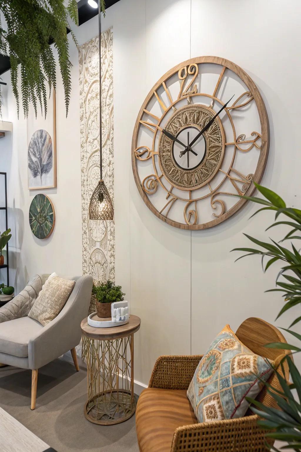 A unique wall clock adding artistic flair to home decor.