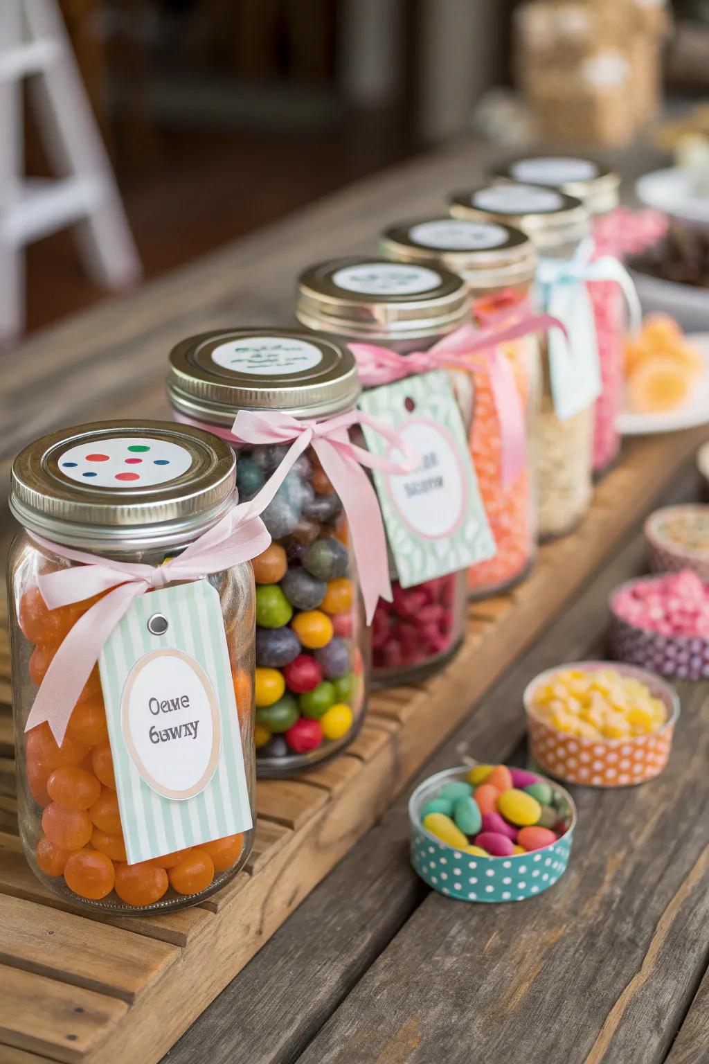 Sweet treats in customized mason jars make delightful favors.